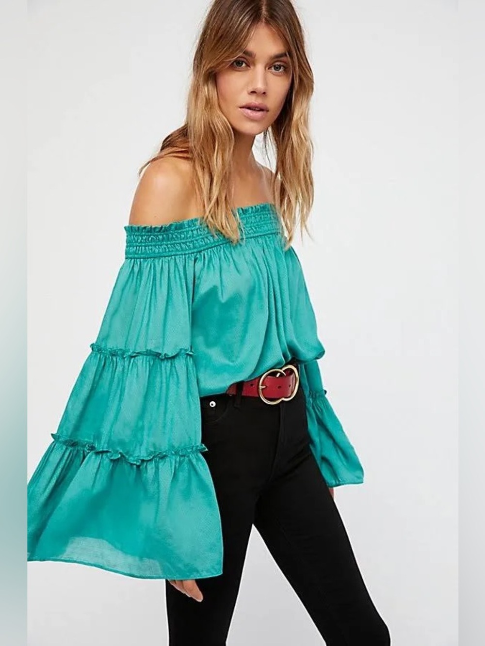 Free People Teal Free Spirit Flare Bell Sleeve Blouse | Medium